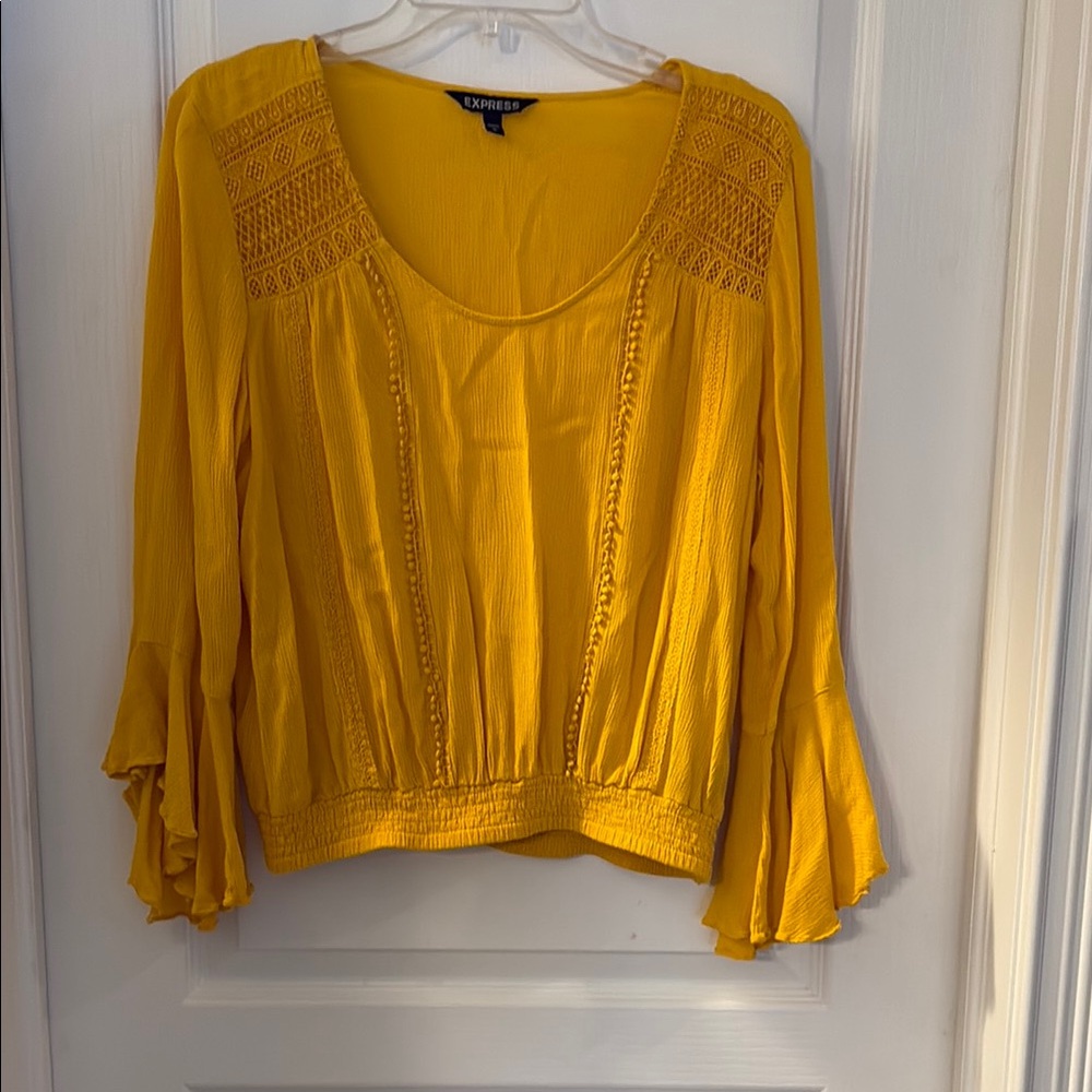 Express Gold Bell Sleeve Smocked Blouse